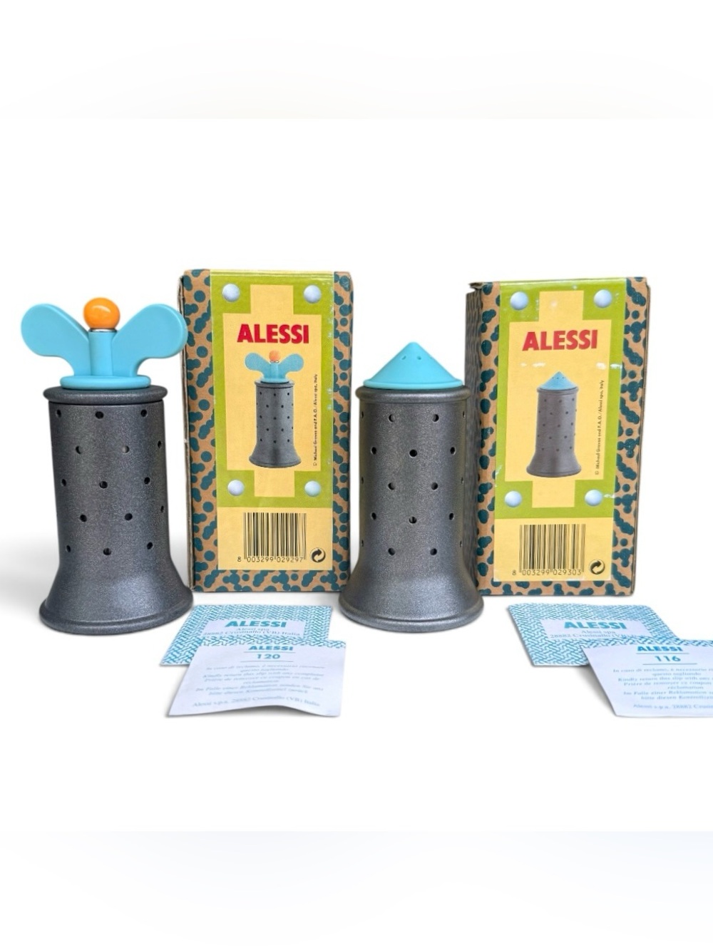 Vintage Alessi Michael Graves Black Pepper Mill Salt Shaker Set B9098 MGSAL NOS